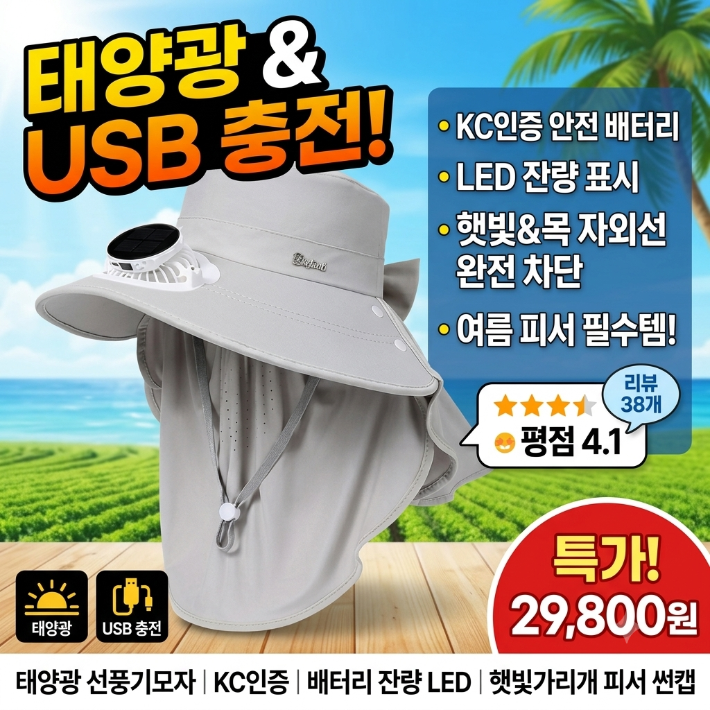 KC인증 태양광 선풍기 모자 추천 | USB 충전식 자외선 차단 썬캡 피서용품 제품 이미지