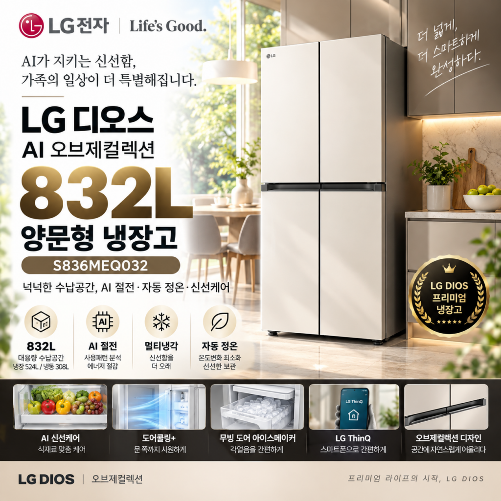 LG 832L 양문형 냉장고 S836MEQ032 최저가 할인 디오스 AI 오브제컬렉션 제품 이미지