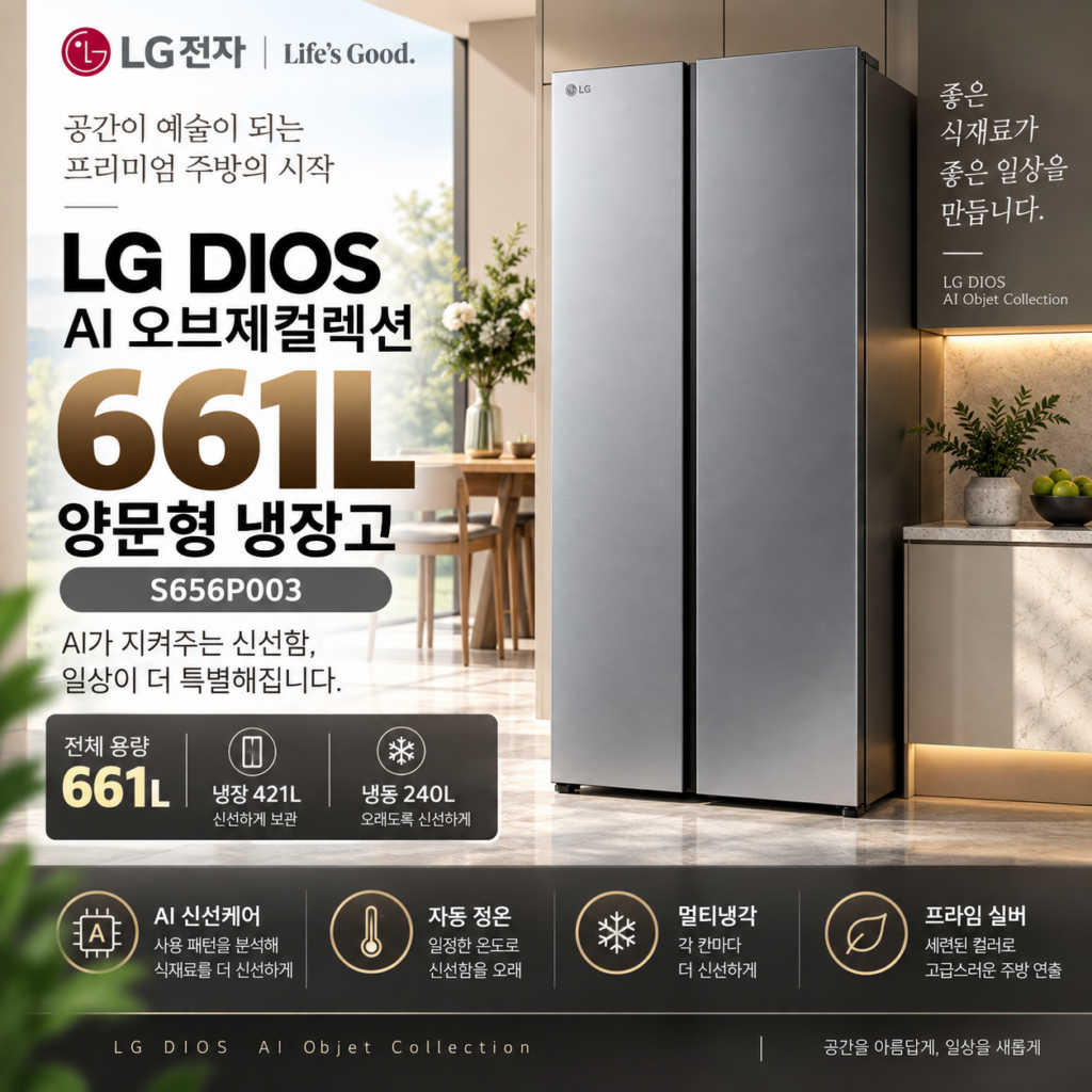 LG 661L 디오스 AI 오브제컬렉션 냉장고 S656P003 최저가 할인 제품 이미지