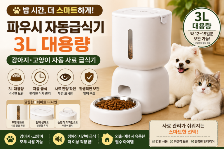 파우시 강아지 고양이 대용량 자동급식기 3L｜반려동물 사료 보관과 급식을 편리하게