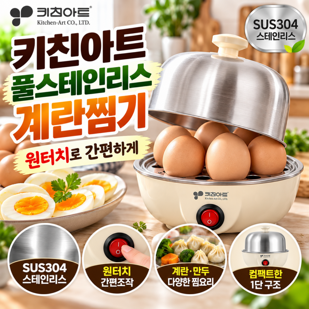 키친아트 풀스테인리스 간편한 1단 계란찜기 SUS304 원터치 전기찜기 제품 이미지